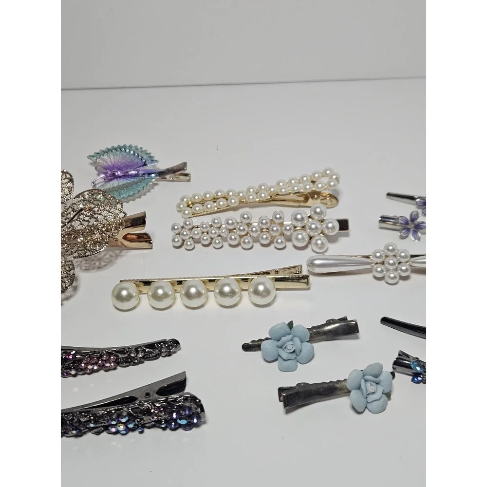 Vintage Hair Barrettes Clips Lot 21pc Huge Rhinestone Pearl Butterfly Floral Set
